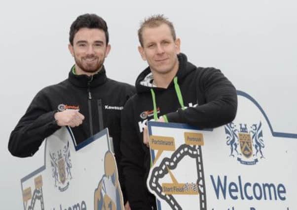Gearlink Kawasaki duo Glenn Irwin and Ben Wilson, who will make their North West 200 debuts in 2015, pictured during a visit to the seaside race venue this week.  Photo: Stephen Davison. INLT 50-909-CON