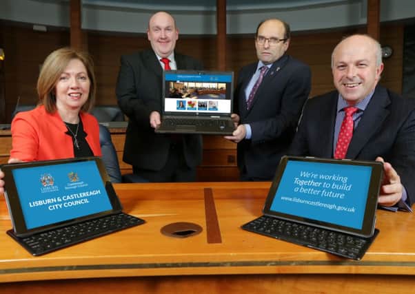 Launching the new Lisburn & Castlereagh City Council name and website are (l-r):Dr Theresa Donaldson, Chief Executive;  Councillor William Leathem, Chairman of the Governance and Audit Committee; Councillor John Palmer, Chairman of the Corporate Services Committee and Councillor James Tinsley, Presiding Officer of the new Council.
