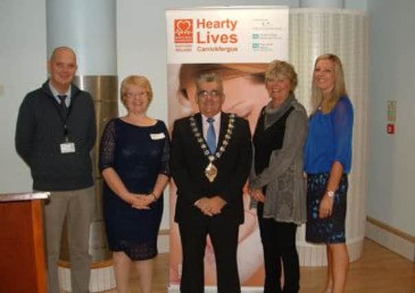 From left to right: Michael Owen (PHA); Florence Hand (NHSCT); Carrick Mayor, Alderman Charles Johnston; Jane Turnbull (event facilitator) and Stephanie Leckey (BHF NI).  INCT 50-726-CON