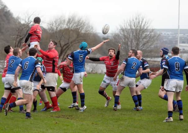 Lineout ball between Larne 2nds and Coleraine 2nds at Glynn INLT 50-262-AM