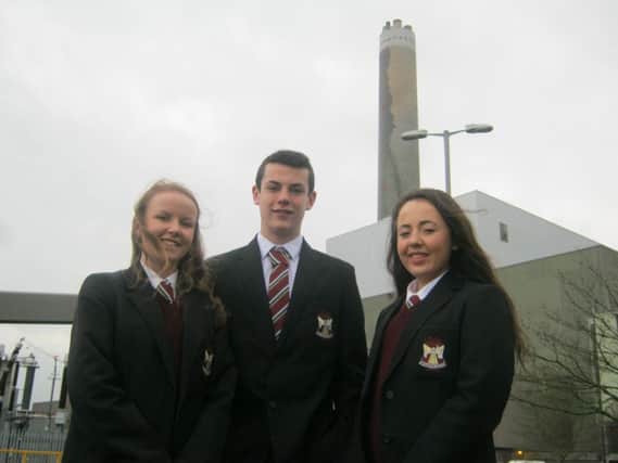 Ulidia pupils Grace Carson, Jamie Davison and Darcy Burrows at Kilroot power station for the Eco Challenge. INCT 50-792-CON