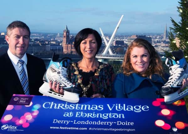 The Mayor Councillor Brenda Stevenson pictured with Paul Doherty from ILEX and Karan Leonard,  Events Manager at Derry City Council on site at Ebrington Square which will this year host a Christmas Village. Picture Martin McKeown. Inpresspics.com