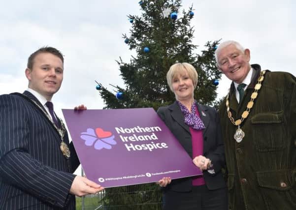 Mayor of Newtownabbey, Alderman Thomas Hogg and Deputy Mayor, Alderman Pat McCudden launch the Northern Ireland Hospices Lights to Remember Appeal with Hospice Nurse Specialist, Mary McMullan. INNT-50-708-con