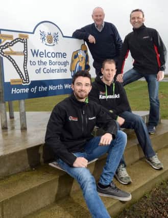 Gear Link Kawasaki duo Glenn Irwin and Ben Wilson who will make their North West 200 debuts in 2015 pictured with Event Director, Mervyn Whyte and Rider Liaison Officer, Steve Plater during a visit to the seaside race venue this week.
PICTURE BY STEPHEN DAVISON