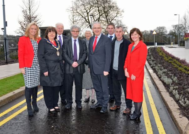 Transport Minister Danny Kennedy MLA with Ulster Unionist colleague Jo-Anne Dobson MLA, Council Chairperson Marie Hamilton, Councillors Joan Baird, Jim McIlroy and officials from Banbridge District Council, DRD and the contractor McAvoy Construction.