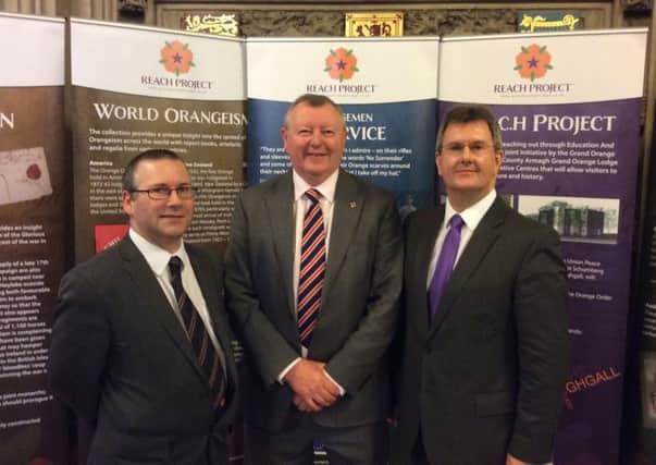 (L-R) Ballycarry man and Orange Order Director of Services, Dr David Hume, Grand Secretary Drew Nelson, and Jeffrey Donaldson MP promoting the new Orange exhibition in London.  INLT 52-685-CON