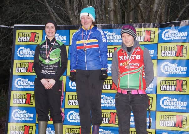 From left to right Mairead McGurk (Carn Wheelers) - 2nd, Lisa Millar (DCC) - 1st, Claire Oakley (XMTB) - 3rd. Pic by R Cowan.