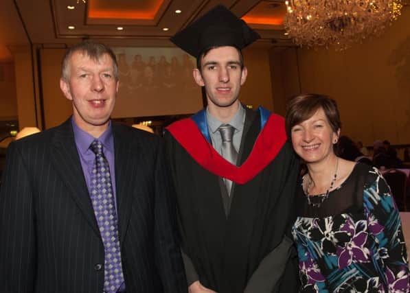 L-R David Barkley, Peter Barkley from Armoy graduating from HND in Electrical & Electronic Engineering, Eileen Barkley at the Northern Regional College Higher Education Graduation. INBM52-14S