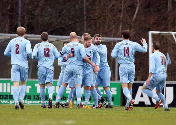 Institute players celebrate the opening goal by Robbie Hume against Ballymena. Picture: Press Eye.