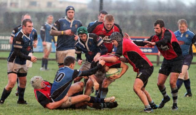 DERBY DAY. Action from Ballymoney 3rds v Coleraine 3rds at Kilraughts Road on Saturday.INBM52A-14 069SC.