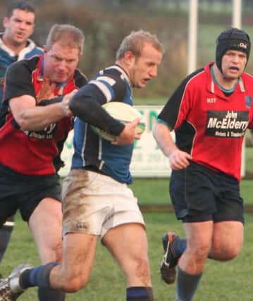 HAND OFF. Action from Ballymoney 3rds v near neighbours and rivals, Coleraine 3rds on Saturday.INBM52A-14 070SC.