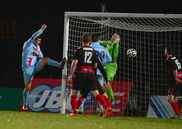 Matthew Tipton forces home the winning goal for Ballymena United in the Boxing Day win over Coleraine. Picture: Pacemaker.
