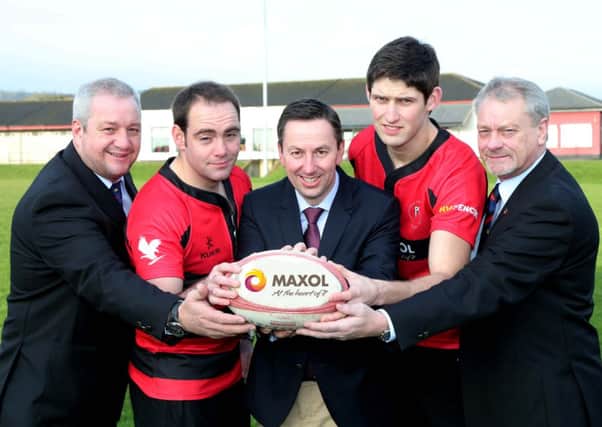 Maxol has renewed its partnership with Carrick RFC for another two years. Pictured are Craig Addley of Carrickfergus Rugby Club fundraising committee, Club Captain Jonny Cullen, Brian Donaldson, Group General Manger of The Maxol Group, Bill Crymble, Carrickfergus Club President and player Curtis Rea.