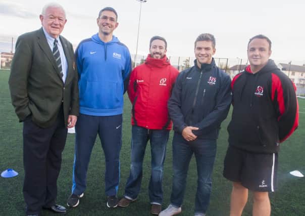 Pictured at the OLT Creggan, during the launch of the 'Try Rugby' scheme, in conjunction with City of Derry Rugby and Ulster Rugby, from left, Moss Dineen (COD Rugby Director) Kevin Gallagher (DCC Active Community Coach), Daryll Pettican (Ulster Rugby), Michael Allen (Ulster Rugby) and Shaun Bloomfield (Ulster Rugby).