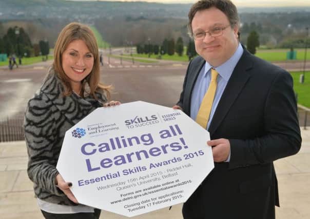 Minister for Employment and Learning Dr Stephen Farry and Awards compere Sarah Travers, launch the Essential Skills Awards 2015.