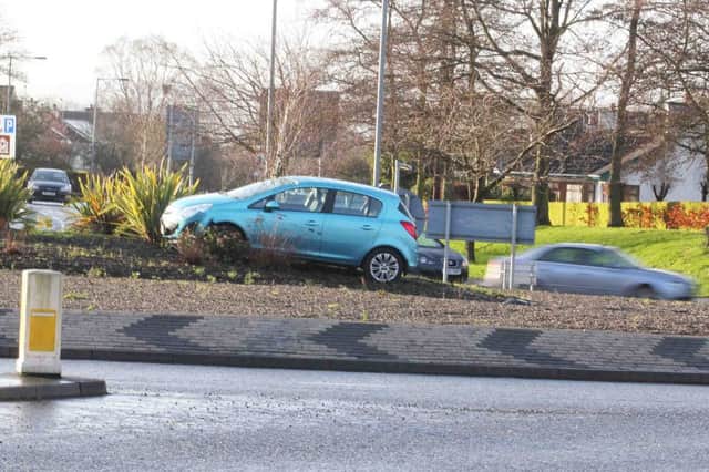 Nobody was injured when this car lost control on the Kilraughts Road roundabout in Ballymoney on Friday morning.PICTURE MARK JAMIESON.