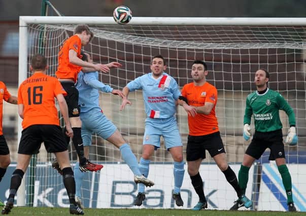 The Ballymena United goal comes under pressure during today's Danske Bank Premiership game against Glenavon at the Showgrounds. Picture: Press Eye.