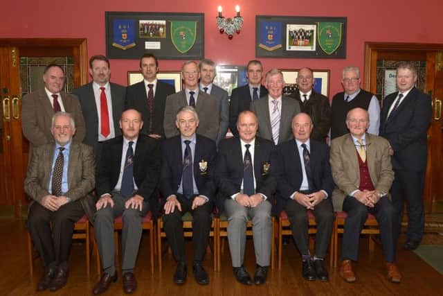 The new Council at Banbridge Golf Club, included seated are Competitions Convenor Alan Close, Hon Treasurer Declan Dooher, Captain Bill McCandless, Vice Captain &  Hon Secretary Paul Magennis, Past Captain Noel McSherry and William McCandless  ©Edward Byrne Photography INBL1451-208EB