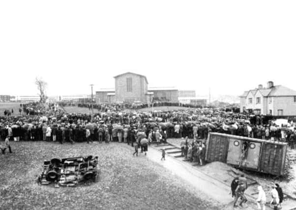 Crowds gathered outside St Mary's Church, Creggan, February 1972 for Bloody Sunday funerals.