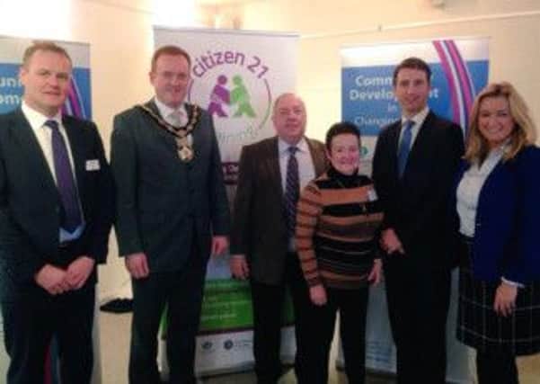 Attending the Craigavon Borough Council Community Networking event were, from L to R, Cllr Kyle Savage, Craigavon Mayor Colin McCusker, Joe Garvey and Letty Houston of Richmount Rural Community Association, guest speaker Jim Eastwood and Jo-Anne Dobson MLA.