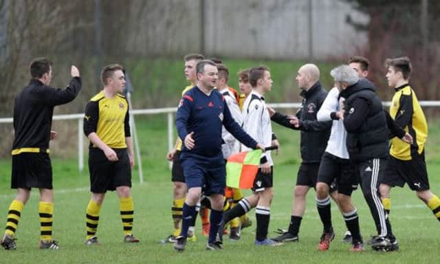 There were angry scenes with coaches from both sides running onto the pitch during the under-17 final between Distillery and Knockbreda. A total of four Distillery players were sent off during the match, which Knockbreda won 4-1. US1501-502cd  Picture: Cliff Donaldson