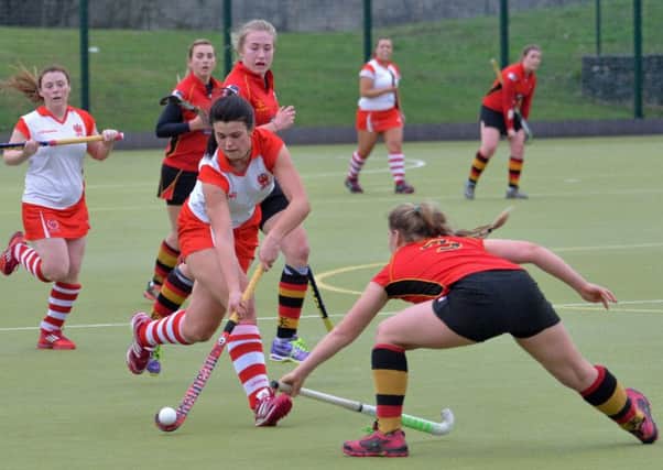 Kerrie McIlwaine goes on the attack for Larne Ladies in their game against Banbridge Ladies at Greenland. INLT 02-006-PSB