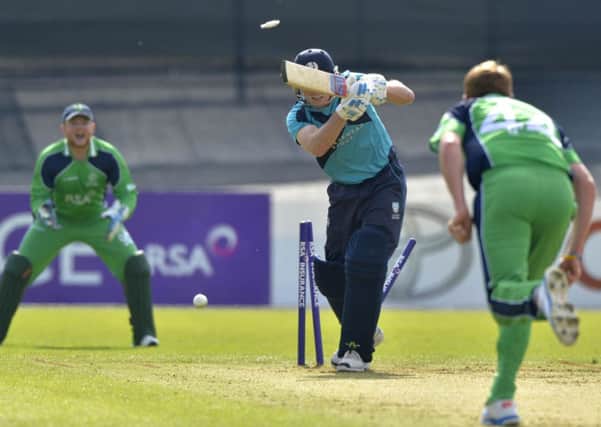 Hamish Gardiner, Scotland, is bowled by Craig Young. Picture by Rowland White/Presseye