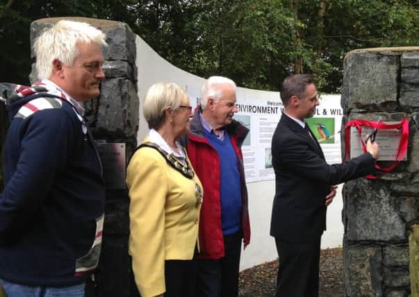 Local MLA Paul Frew (right) pictured at a Broughshane Environment Waterfowl and Wildlife Trust (BEWWT) event back in 2013 with Gareth Evens, Department of Agriculture and Rural development, Mayor Audrey Wales, and member of the local group, Trevor Dunlop.