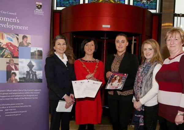 WOMEN OF THE YEAR LAUNCH. . . .The Mayor of Derry, Councillor Brenda Stevenson pictured launching the Women of the Year Awards at the Council Offices Strand Road on Friday morning. Included from left are Darinagh Boyle, Editor, Local Woman, sponsors, Kimberley Deeney, Events Manager, Mairead Kelly, and Joanna Boyd,  Women's Officer, Derry City Council. DER0115MC099