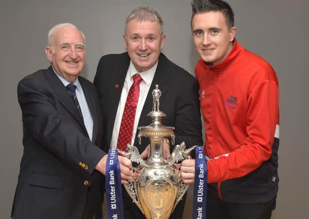 Mandatory Credit: Rowland White / PressEye
Cricket: Ulster Bank Challenge Cup Draw
Venue: Stormont
Date: 6th January 2015
Caption: Local cricket club representatives at the draw
for the first found of this season's NCU Ulster Bank
Senior Challenge  Cup:   from left Billy Boyd of Lurgan
whose club will at home to Instonians and  Lee Nelson who
will lead his Waringstown side against either Derriaghy or Academy.  The games will be played on May 16.

Further Info contact Robin Walsh 07733100821