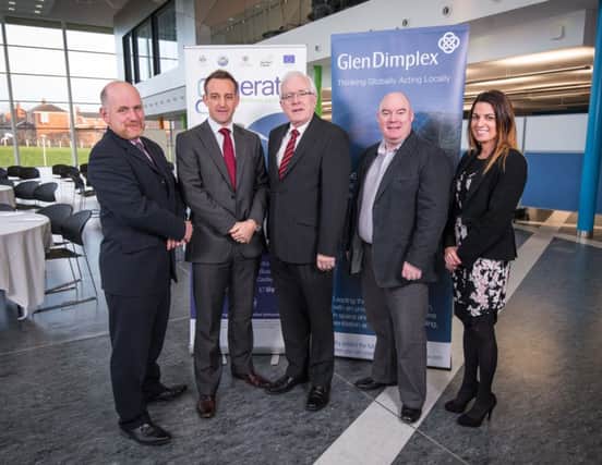 Innovation Manager at Belfast Met, Paul McCormack with Jamie Boyd (Glen Dimplex); Chairman of Lisburn City Councils Economic Development Committee, Alderman Allan Ewart; Darren Mawhinney (Glen Dimplex) and Rowena McCappin (Glen Dimplex).