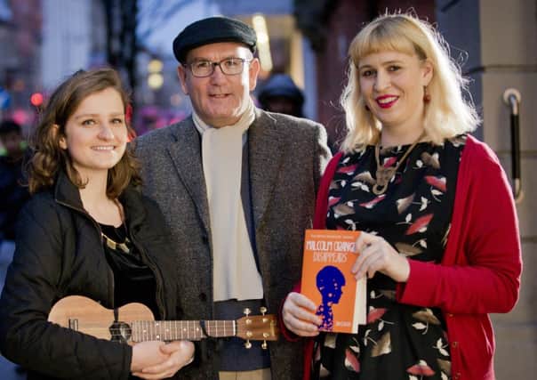 Novelist Jan Carson and singer-songwriter Hannah McPhillimy pictured with Damian Smyth, Arts Council. Picture by Brian Morrison.