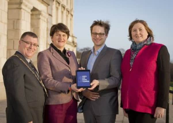 From left: Mayor of Larne Councillor Martin Wilson; Enterprise, Trade and Investment Minister Arlene Foster; Managing Partner at Oli James Hanna; Chairman of Larne Development Forum, Larne Borough Council Councillor Maureen Morrow. INLT-03-702-con