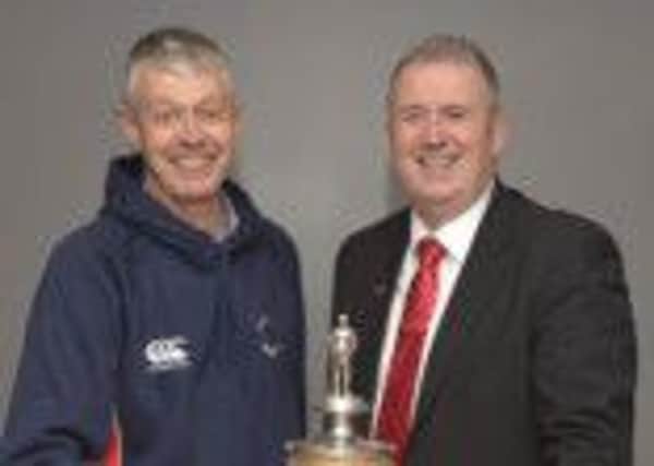 David Skelton of Derriaghy CC along with Stephen Cruise at the cup draw. Pic by Rowland White / PressEye