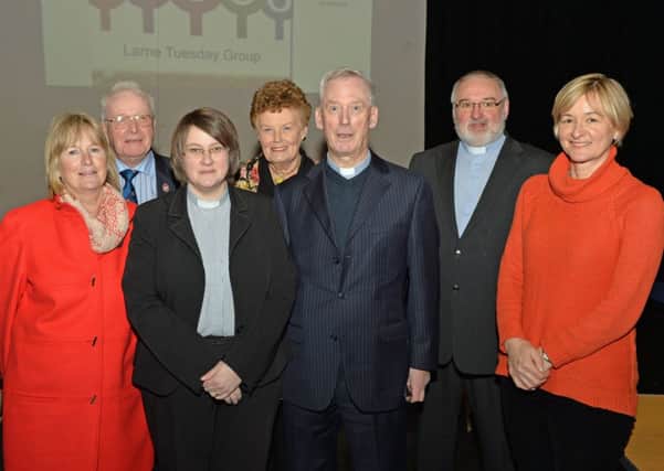 Pictured at the "Christians Together" prayer service in the McNeill Theatre are (from left) Ann Lennon, Robert Alexander, Rev Fiona Forbes, Patrica McNeill, Rev Dr Ivan Hull, Rev Tommy Stevenson and Jan McKay. INLT 04-019-PSB