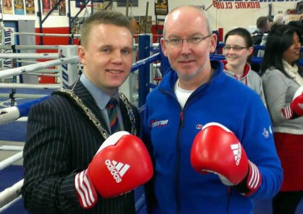Mayor Thomas Hogg and Paul Johnston, project manager, Monkstown Boxing Club, welcome the £250k funding announcement for Monkstown and New Mossley.