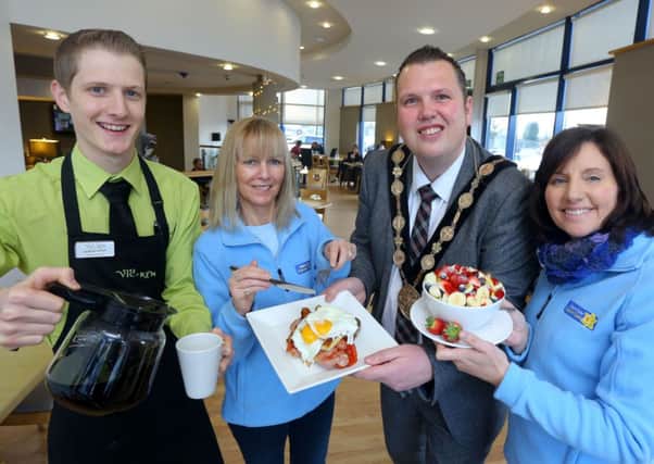 Pictured at the launch of the Mayor's Charity Breakfast at Cafe Vic Ryn are: (l-r) Caleb McCready, Cafe Vic Ryn; Amanda Scott, Community Fundraiser Marie Curie;  the Mayor of Lisburn, Councillor Andrew Ewing and Councillor Yvonne Craig, member of the Lisburn/Hillsborough Marie Curie Fundraising Group.