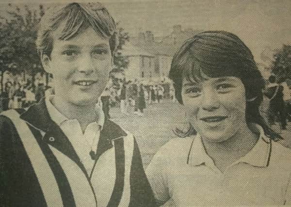 Calli McCrea (left) and Audrey Louglin winners of the junior dusty bin race at Carrickfergus Civic Week in 1986. INCT 03-798-CON