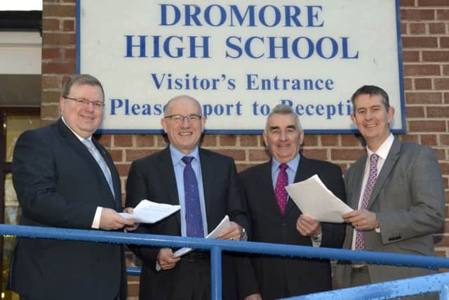 Pictured at Drmore High School at the Official Launch of thel Petition in support of the Minister getting funding for a new High School build in Dromore are Jonathan Craig MLA, Principal John Wilkinson OBE, Board of Governors Chair William Patterson MBE and Edwin Poots MLA  ©Edward Byrne Photography INBL1504-203EB