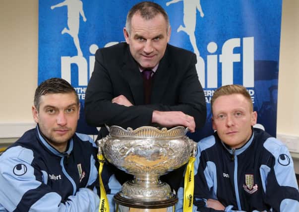 Ballymena United manager Glenn Ferguson pictured with players Matthew Tipton and Stephen McBride at the press conference for Saturday's Wasp Solutions League Cup final. Picture: Press Eye.