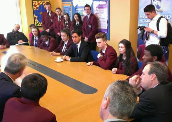 Labour leader Ed Miliband, Ivan Lewis MP and Nigel Dodds MP take questions from media studies students at Hazelwood Integrated College.