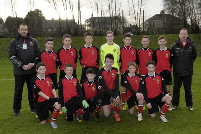 Banbridge Town U14's before their match with Moira, included are Coaches Dick Winters and Mark Frizell ©Edward Byrne Photography INBL1504-244EB