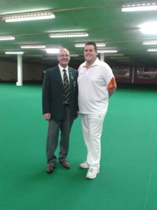Gary Kelly with AIIB President Terry Colvin after he won the Irish Under-25 Singles. inbm05-15