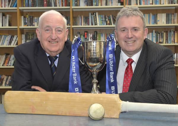 Billy Boyd (left), President of the Northern Cricket Union, and Stephen Cruise of Ulster Bank at the draw for the opening rounds of the Ulster Bank Schools Cup. A total of 27 schools will take part - 11 matches will be played in the first round before the end of April and five seeded schools, including holders Royal Belfast Academical Institution and Wallace High School, have received byes into the second round. Pic by Rowland White / PressEye