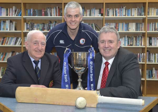 Simon Thompson of Ballyclare High School at the draw for this year's Ulster Bank Ulster Schools Cricket Cup flanked by Billy Boyd (left), President of the Northern Cricket Union and Stephen Cruise of Ulster Bank.  Ballyclare will travel to Ballymena Academy in the first round
in April. INLT 05-911-CON