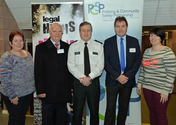 Attending the Popping Candy drama in the McNeill Theatre are (from left) Mary Todd from PAL, Cllr Michael Lynch, Chairman of Larne PCSP, PSNI Chief Inspector, Stephen McCauley, Noel Rogan, Independant Member of Larne PCSP and Beverly Sharples from PAL. INLT 05-056-PSB