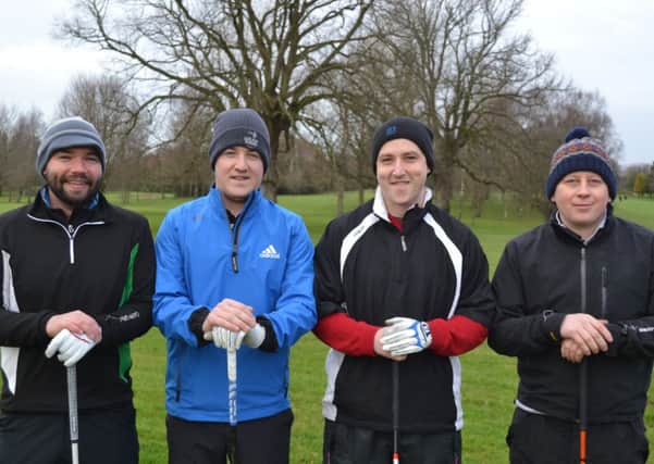 Gary Campbell. Andy Parr, Andy Campbell and Sam McAllister about to tee off at Lisburn.