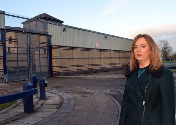 Sinn Fein's Catherine Seeley pictured outside the derelict Legahory PSNI Station. INLM04-205.