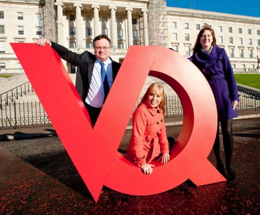 Employment and Learning Minister Dr Stephen Farry today launched the Vocational Qualifications (VQ) Awards 2015. Pictured with the Minister are broadcaster Tina Campbell and Karen Todd from the Department for Employment and Learning's Qualifications & E-Learning Branch.