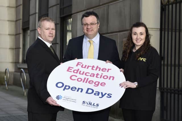 Employment and Learning Minister Dr Stephen Farry, NRC student Andrea Neill and Stephen McCartney, NRC Head of Student Services.